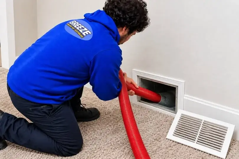 Breeze technician connecting equipment to a residential duct opening
