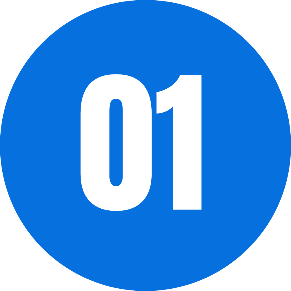 Step 1: White number 01 on blue circle. Referral program first step.