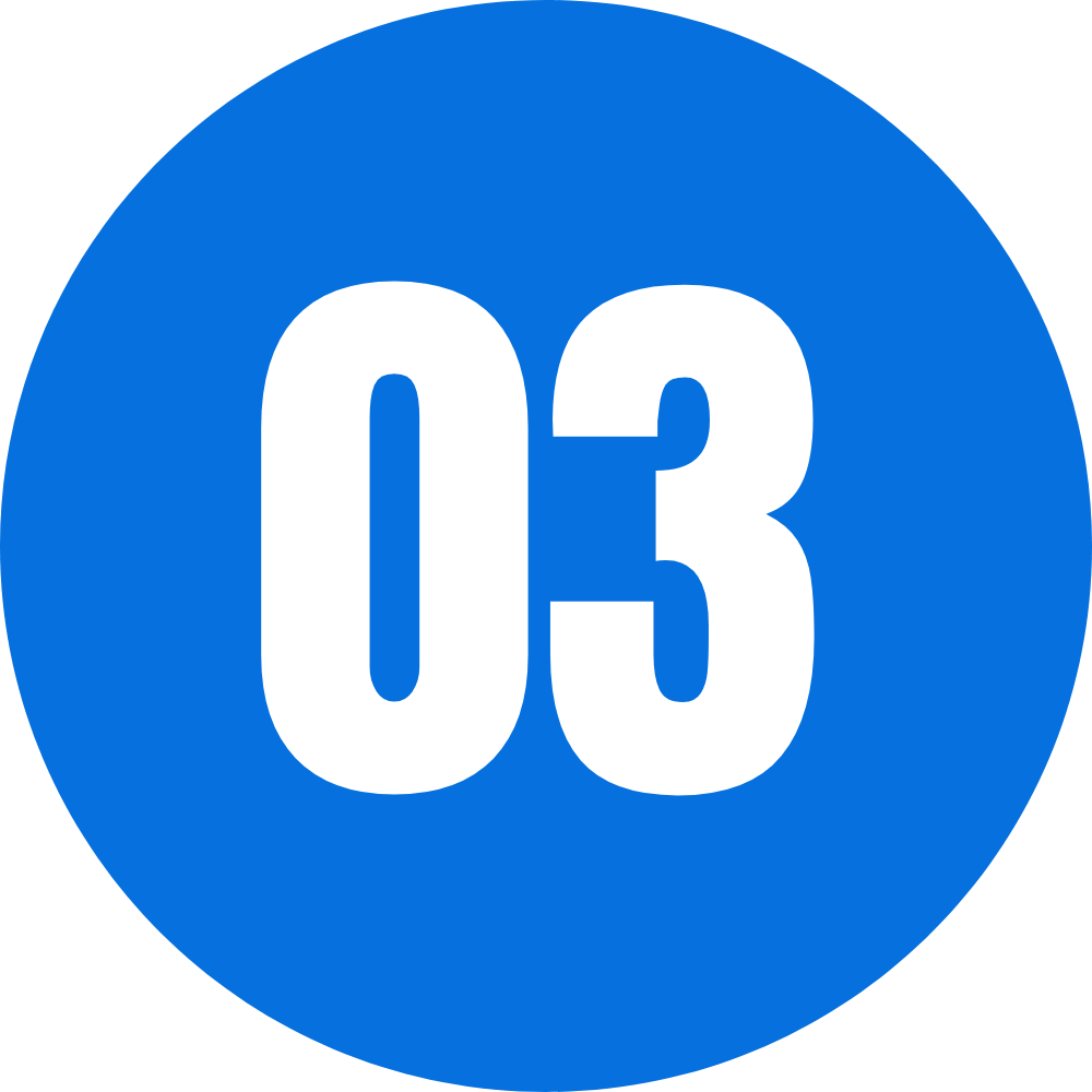 Step 3 of the Referral Program: White '03' on a blue circle. Illustrates third step in a process. Seattle, WA Referral program process step.