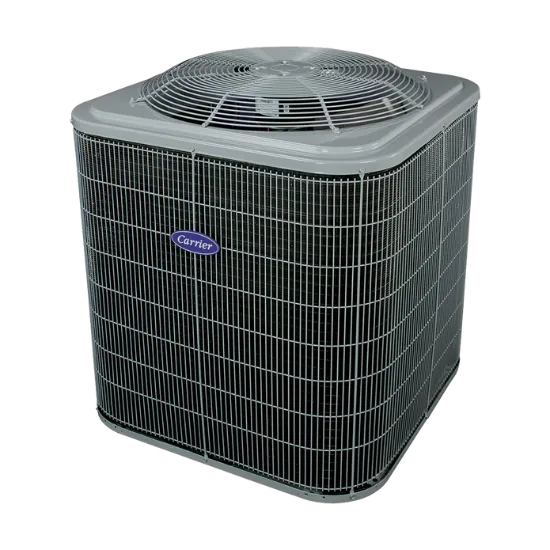 Carrier unit for heat pump repair. Residential HVAC system with a fan grill. Air conditioning unit for home heating and cooling in Seattle, WA.