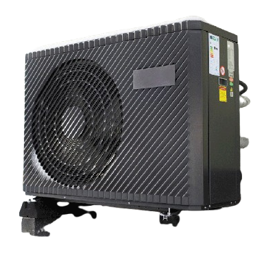 Black heat pump unit for emergency heating, showcasing the external fan and cooling system components, essential for rapid temperature control.