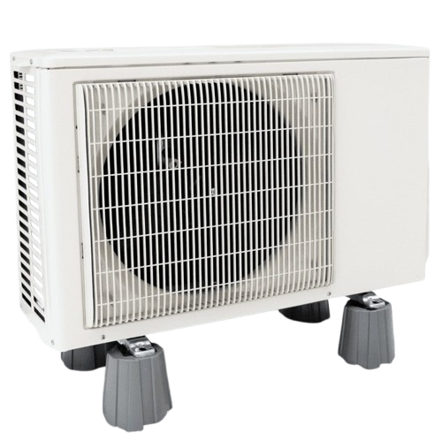 Electrical services: Close-up of a white outdoor air conditioning unit on gray risers, showcasing residential HVAC components in Seattle, WA.