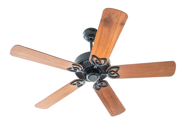 Elegant electrical ceiling fan with five wooden blades and ornate black fixture, perfect for cooling and adding style to any room.