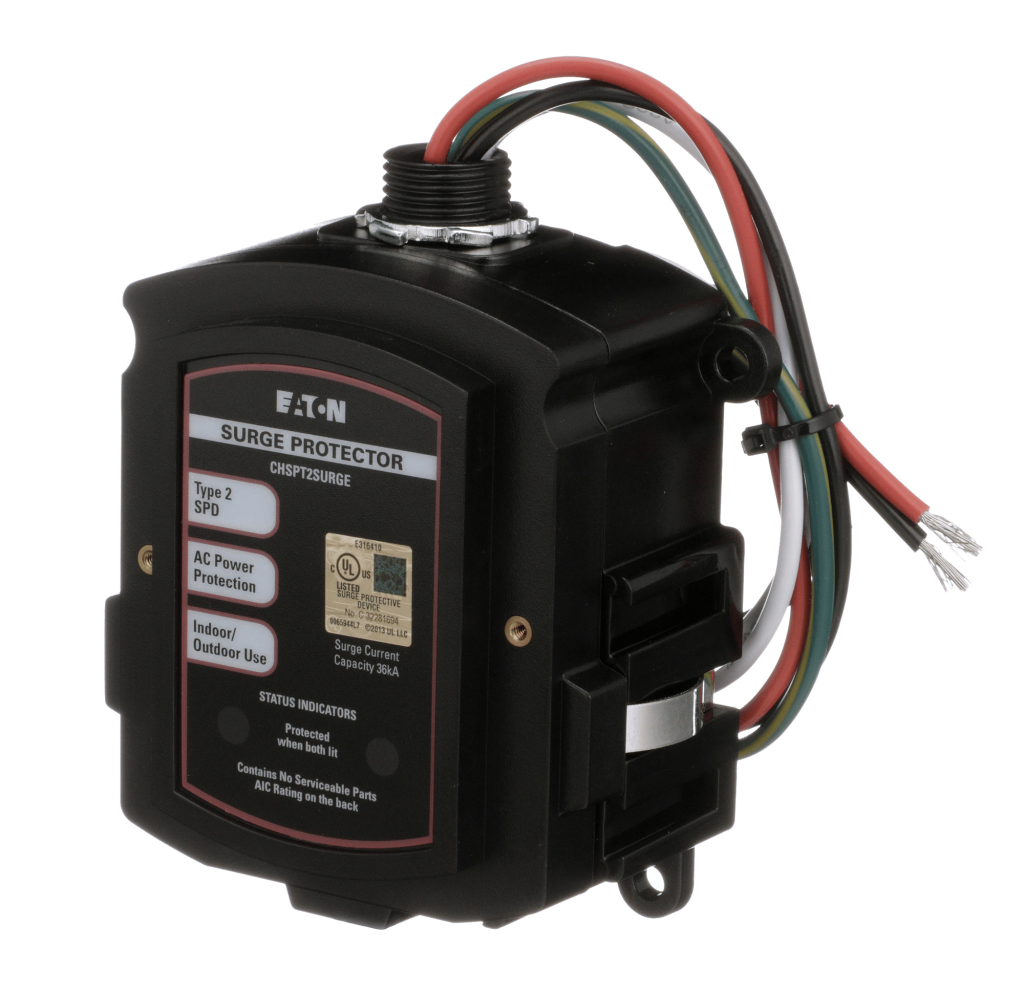 Electrical surge protector, Eaton CHSPT2SURGE model, designed for both indoor and outdoor use, providing AC power protection. Seattle, WA.
