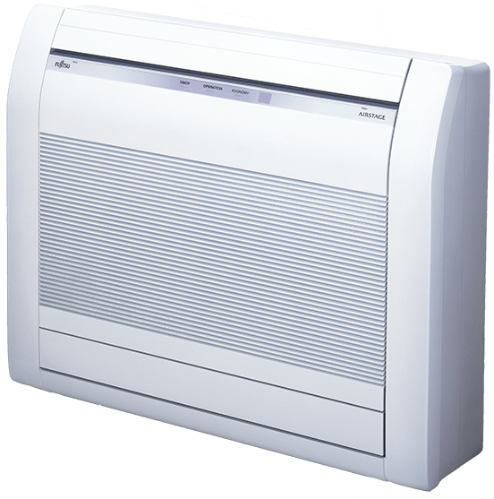 Floor-mounted Fujitsu AIRSTAGE unit showcases sleek design for ductless mini split installation, blending functionality with modern aesthetics.