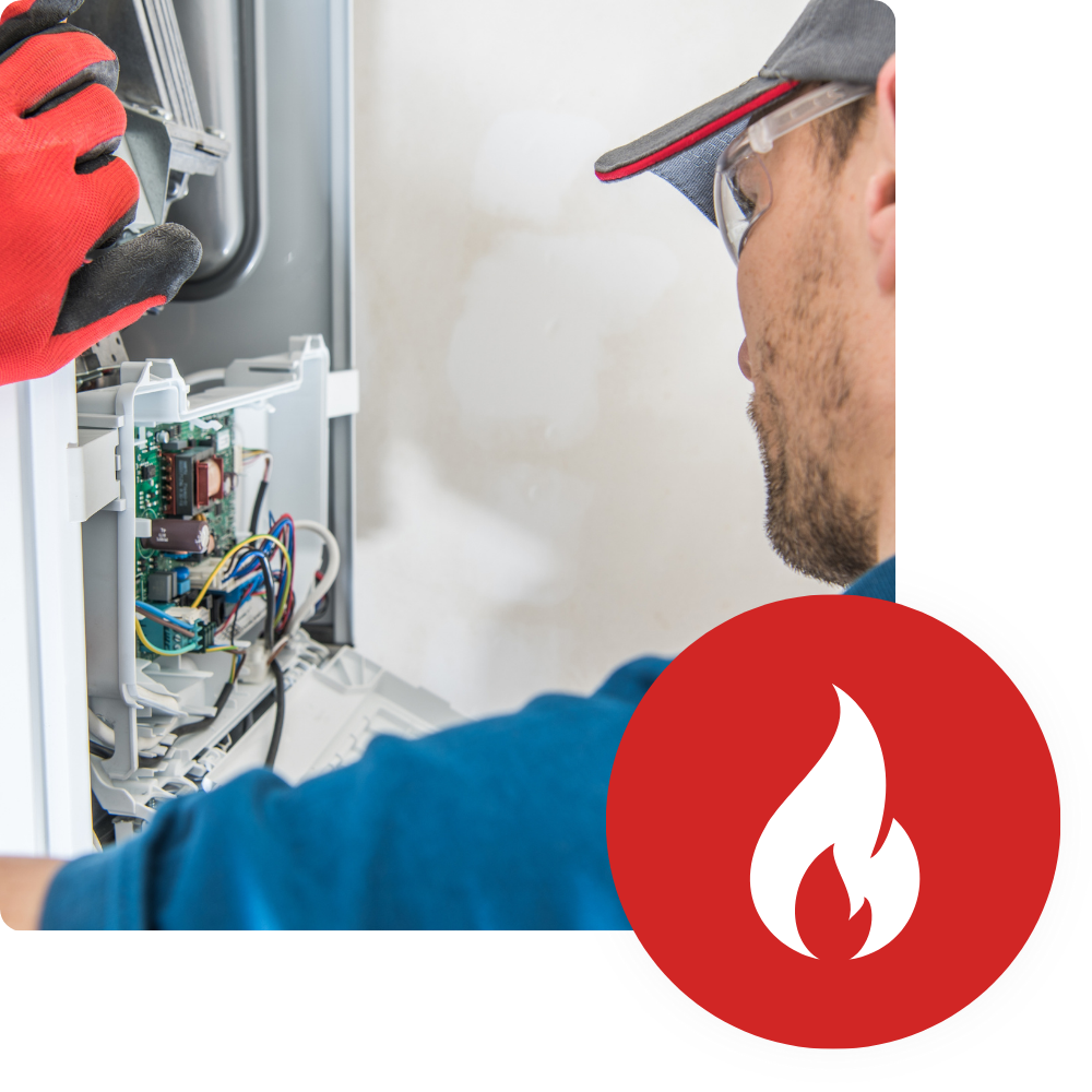 Home service: Technician repairs a furnace with a flame symbol, ensuring efficient home heating and safety in Seattle, WA. Expert repair service.