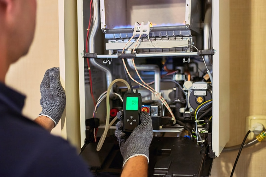 Furnace repair in progress: Technician inspecting a home furnace for repair or replacement needs. Critical for Kent homeowners' heating system.