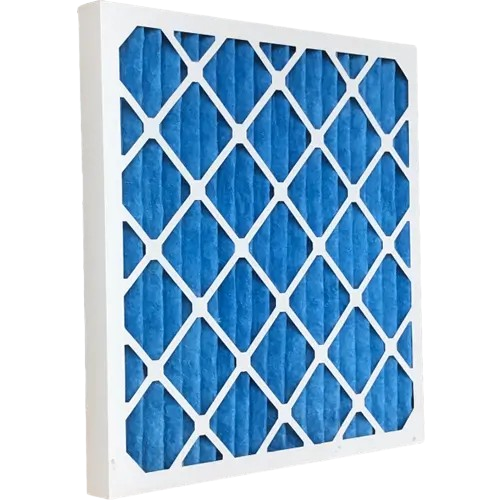 Close-up of a pleated air filter with a white grid, demonstrating air filtration. Air filters help maintain indoor air quality.