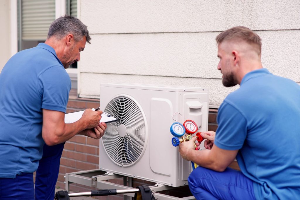 HVAC technicians inspecting air conditioning unit, checking gauges and taking notes for maintenance in Federal Way, WA.