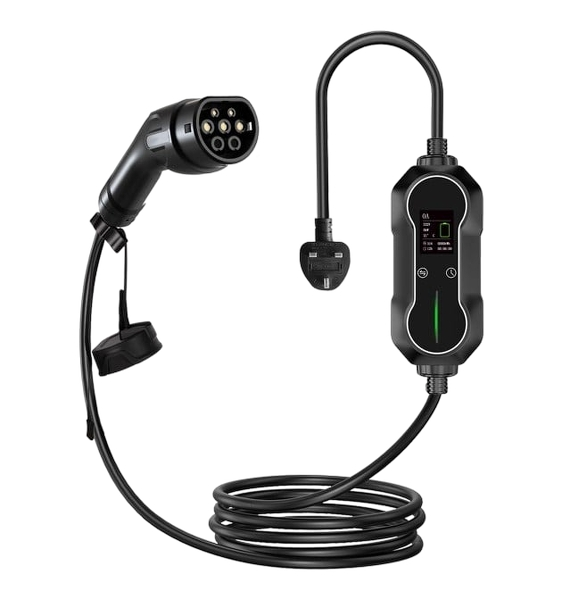 EV Charger Installation: A detailed view of a portable electric vehicle charger showcasing its plug and control module for home use.