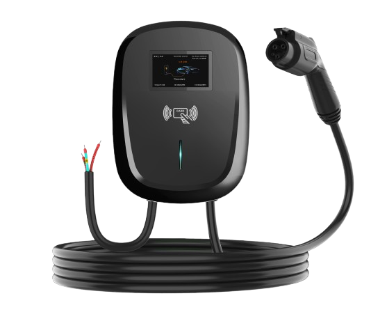 Electric vehicle charger installation: sleek black EV charging station with exposed wires, plug, and display. Seattle, WA residents benefit.