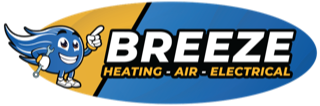 Breeze Heating, Air, Electrical logo featuring a blue mascot holding a wrench, promoting HVAC and electrical services in Seattle, WA.