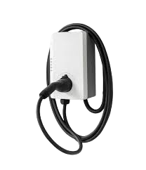 Electrical panel installation: Image of an electric car charger with a coiled cable plugged into the white wall-mounted unit, Seattle, WA.