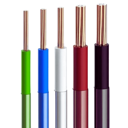 Five electrical wires of different colors, illustrating options for whole home rewiring. Copper conductors. Electrical services in Seattle, WA.