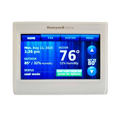 Honeywell Programmable Thermostat displaying indoor and outdoor temperatures, humidity, and cooling mode, offering energy-saving automation.