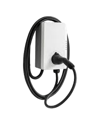 EV Charger Installation: A white EV charger with a black cable plugged into it, mounted on a wall. Perfect for home charging solutions.
