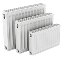 Three white radiators of varying sizes, showcasing heating solutions in North Bend. A diverse range for your home's heating needs.