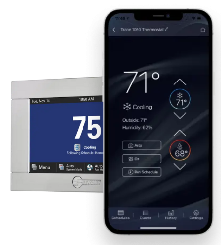 Smart thermostat showing cooling settings, highlighting HVAC ductwork design and installation efficiency, with digital controls.