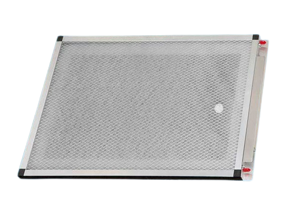 Close-up of a clean, metal grease filter, showcasing its fine mesh design and sturdy frame, crucial for commercial kitchen ventilation.
