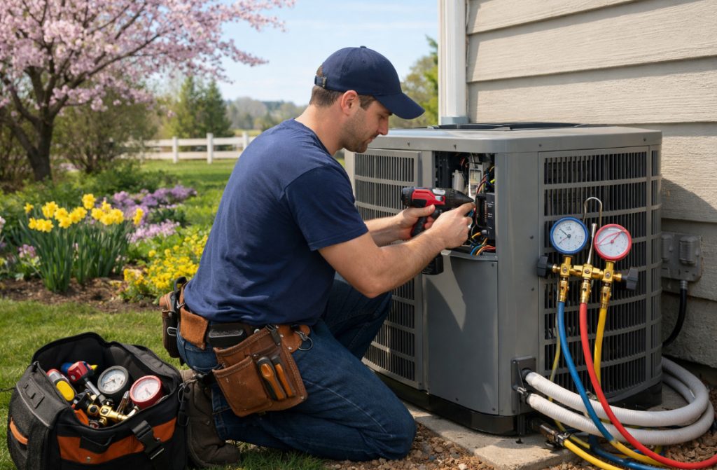 Technician working on air conditioning unit outside a home in spring, surrounded by blooming flowers, illustrating the benefits of timely AC installation in Kent, Washington.