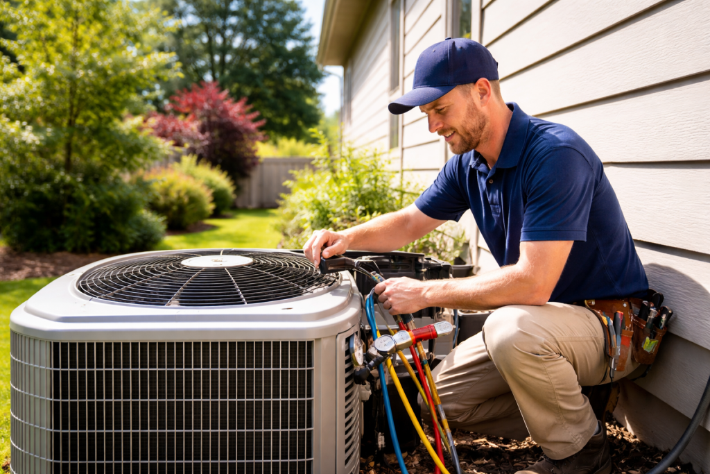Preparing your HVAC system for summer in Kent, Washington. HVAC technician servicing an AC unit for optimal home cooling efficiency.