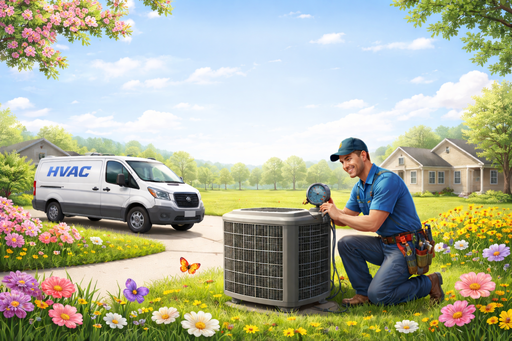 Spring AC Installation in Kent, Washington: HVAC technician checks AC unit outdoors with vibrant flowers, van and residential houses behind.